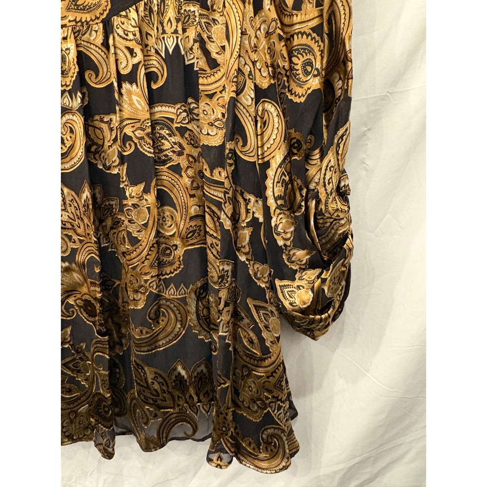 Alice + Olivia Silk Mini Dress Small Black Gold Paisley Tie Neck Goth Glamour - Picture 13 of 13